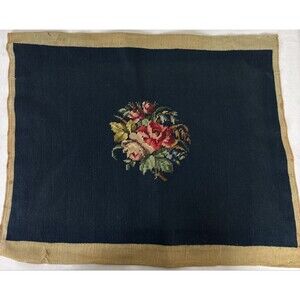 15.5x22 Antique Navy Blue Floral Needlepoint Panel Chair Cover